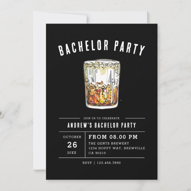Black Modern Bachelor Party Watercolor Whiskey  Invitation (Front)