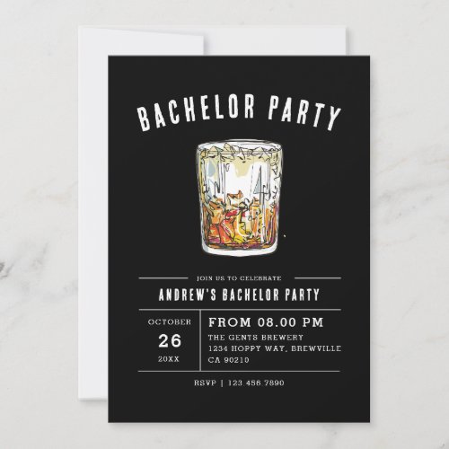 Black Modern Bachelor Party Watercolor Whiskey  Invitation
