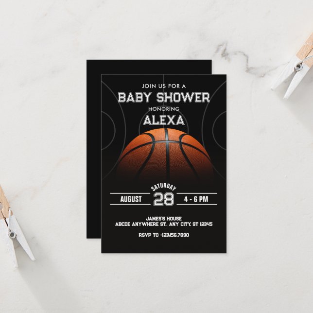 Black Modern Basketball baby shower Invitation (Front/Back In Situ)