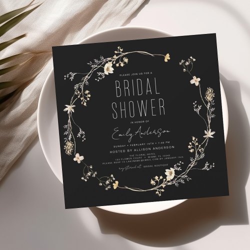 Black Modern Boho Wildflower Bridal Shower Elegant Invitation