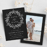 Black Modern Boho Wildflower Wedding Photo Save The Date<br><div class="desc">This elegant wedding save the date card features wildflowers silhouette wreath with your photo on the back.  For more advanced customization of this design,  please click the BLUE DESIGN TOOL BUTTON above!</div>