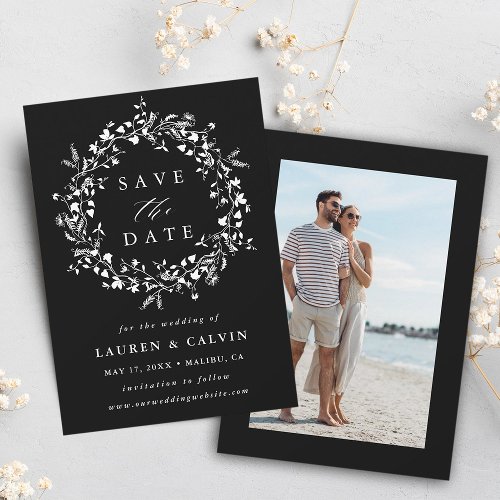 Black Modern Boho Wildflower Wedding Photo Save The Date