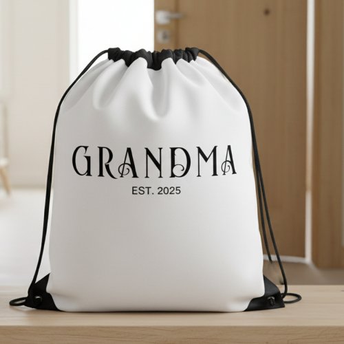 Black Modern Bold Font Established Grandma  Drawstring Bag