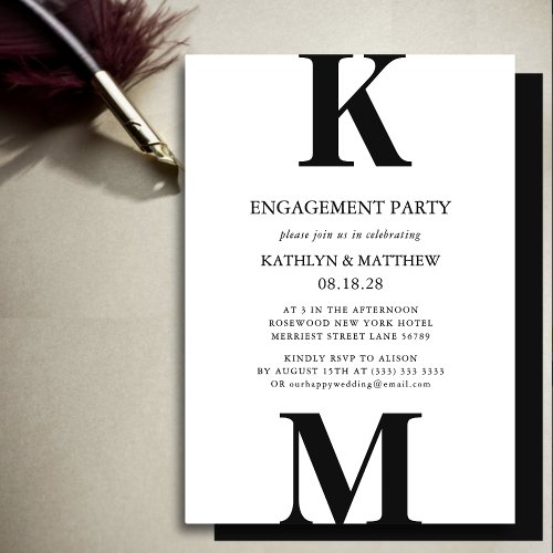Black Modern Bold Monogram Engagement Party Invitation