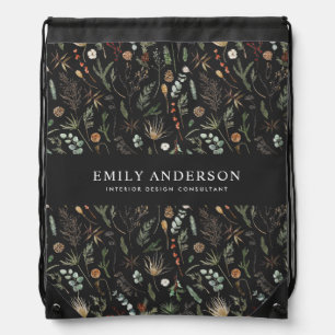black modern botanical elegant contemporary  drawstring bag
