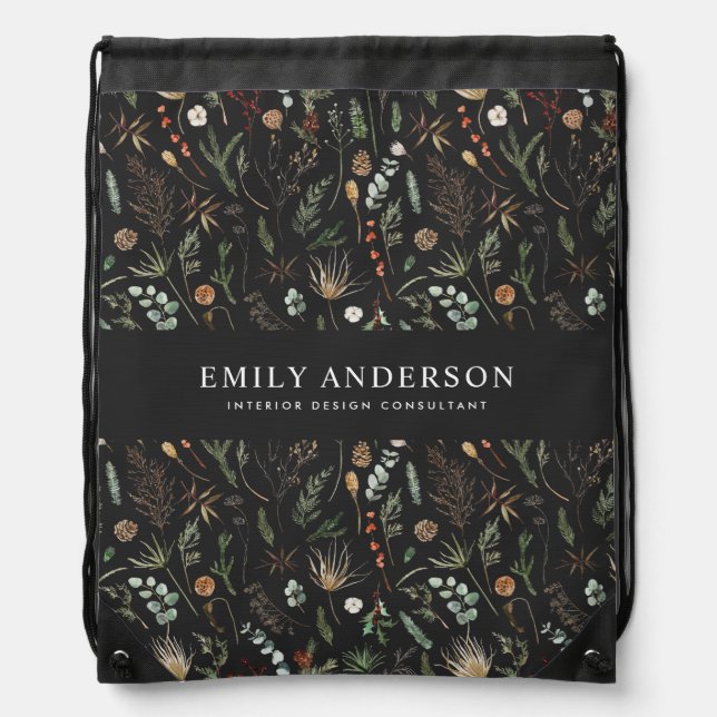 black modern botanical elegant contemporary  drawstring bag (Front)