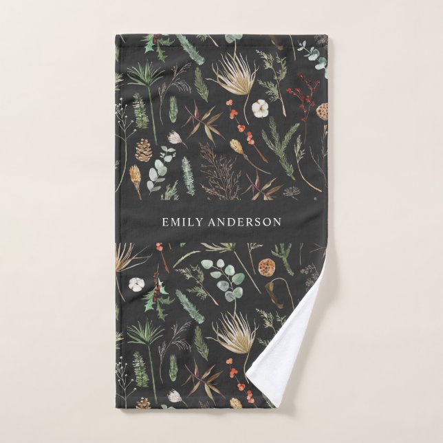 black modern botanical elegant contemporary hand towel  (Hand Towel)