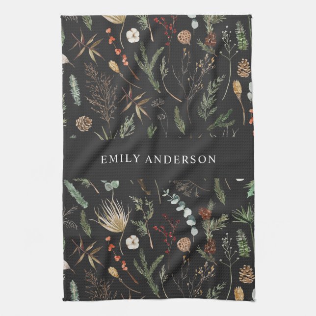 black modern botanical elegant contemporary kitchen towel (Vertical)