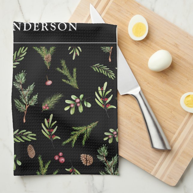 black modern botanical elegant contemporary kitchen towel (Quarter Fold)