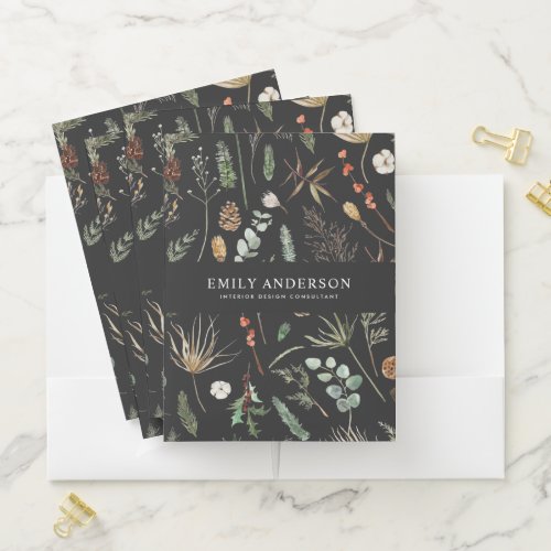 black modern botanical elegant contemporary pocket folder