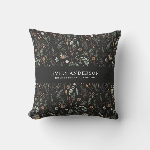 black modern botanical elegant contemporary  throw pillow