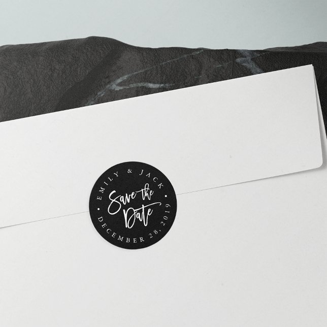 Black | Modern Brush Lettered Save the Date Classic Round Sticker (Creator Uploaded)