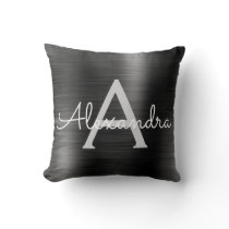 Black Modern Brushed Metal Monogram Name Throw Pillow