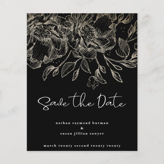 black modern budget gold florals save the date flyer (Front)