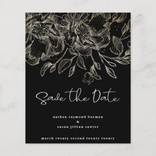 black modern budget gold florals save the date flyer