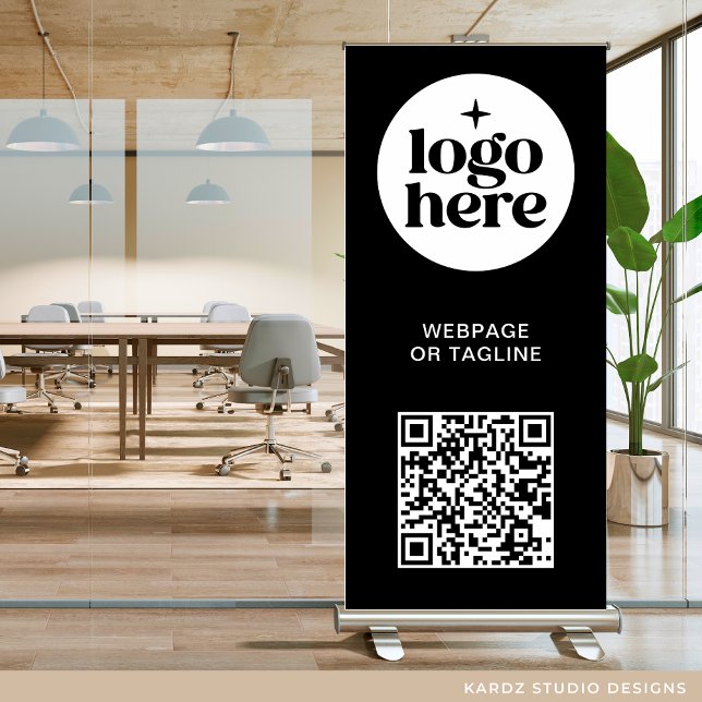 Black Modern Business Logo QR Code Retractable Banner (Add your logo, create QR entering your URL and add your custom text.)