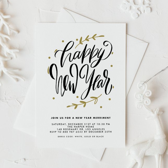 Black Modern Calligraphy and Wreath New Year Party Invitation (Customizable New Year party invitation featuring modern calligraphy and foliage wreath.)