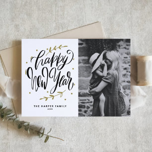 Black Modern Calligraphy Happy New Year Photo Holiday Card