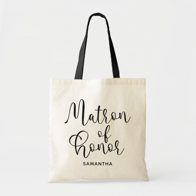 Black Modern Calligraphy Matron of Honor Tote Bag (Front)