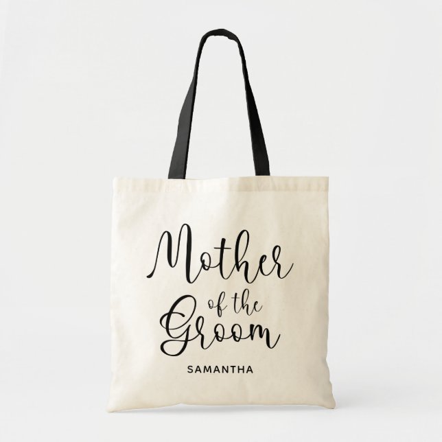 Black Modern Calligraphy Mother of the Groom Tote Bag (Front)