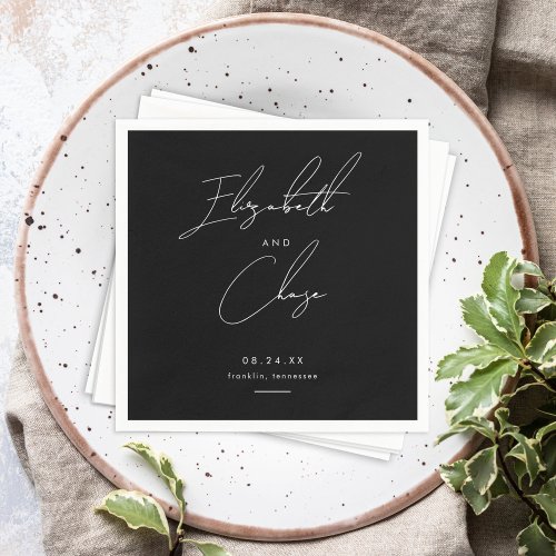 Black Modern Calligraphy Names Stylish Wedding Napkins