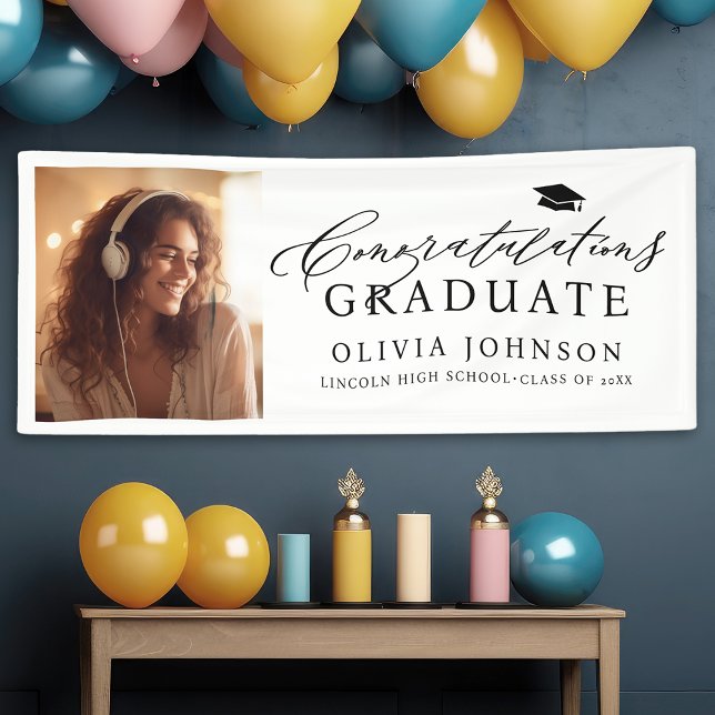 Black Modern Calligraphy Photo Graduation Party Banner (Black Modern Calligraphy Photo Graduation Party Banner)