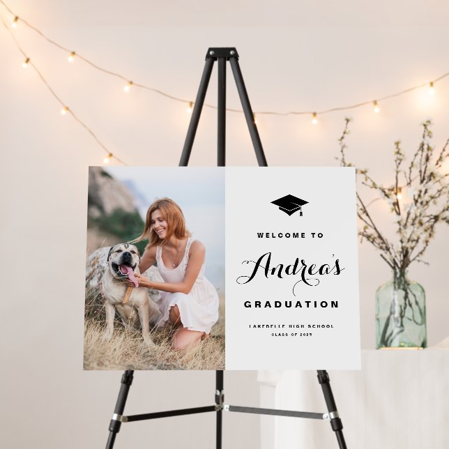 Black Modern Calligraphy Photo Graduation Welcome Foam Board (In Situ (Stand))