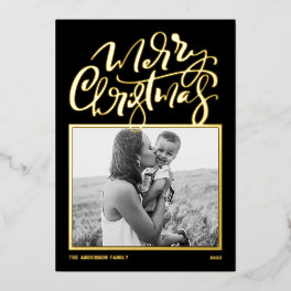 Black Modern Calligraphy Photo Merry Christmas Foil Holiday Card