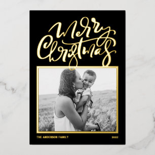 Black Modern Calligraphy Photo Merry Christmas Foil Holiday Card