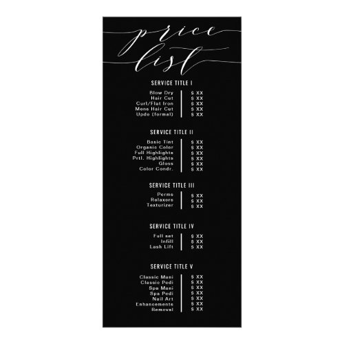 Black Modern Calligraphy Price List Salon Rack Card