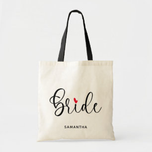 Black Modern Calligraphy Red Heart Bride Tote Bag