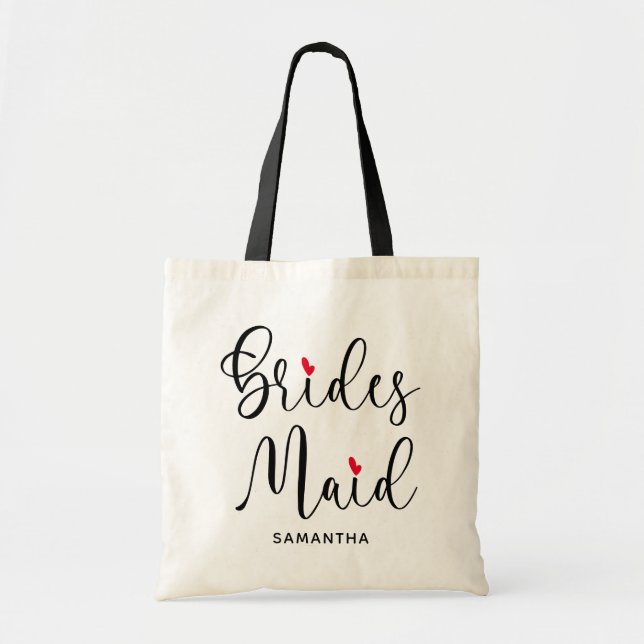 Black Modern Calligraphy Red Heart Bridesmaid Tote Bag (Front)
