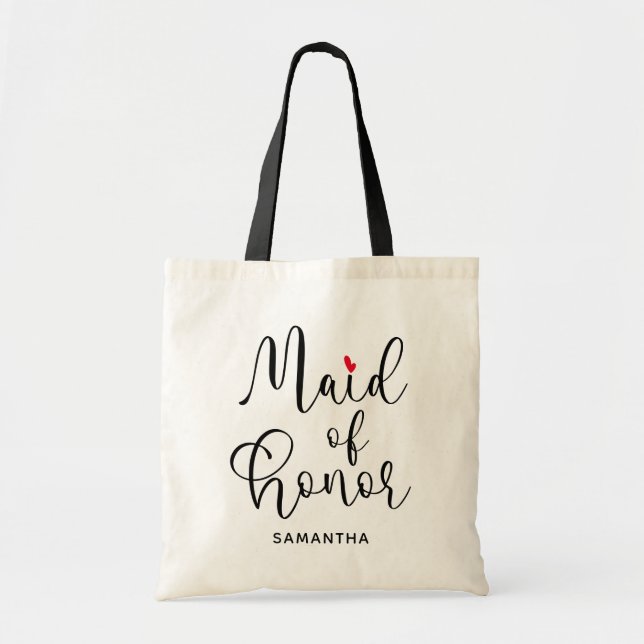 Black Modern Calligraphy Red Heart Maid of Honor Tote Bag (Front)