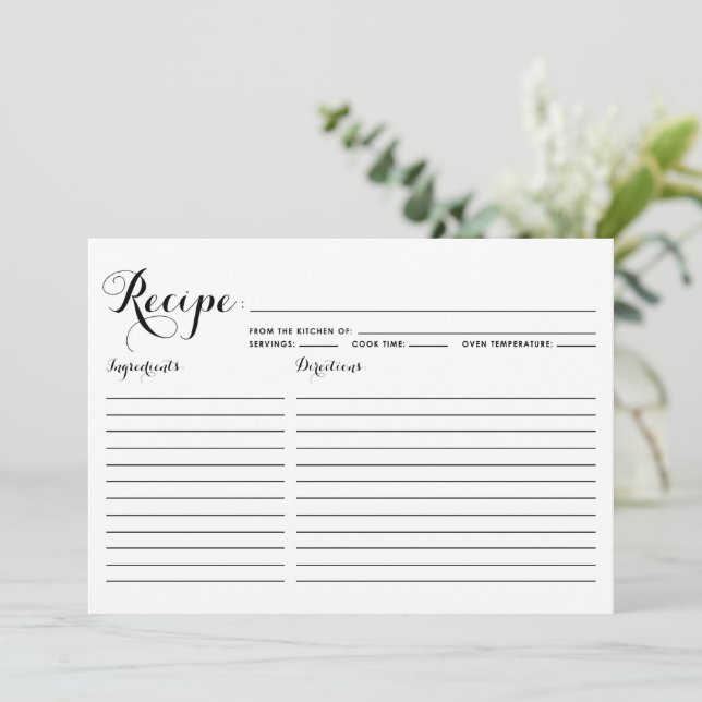 Black Modern Calligraphy Striped Recipe Card (Standing Front)