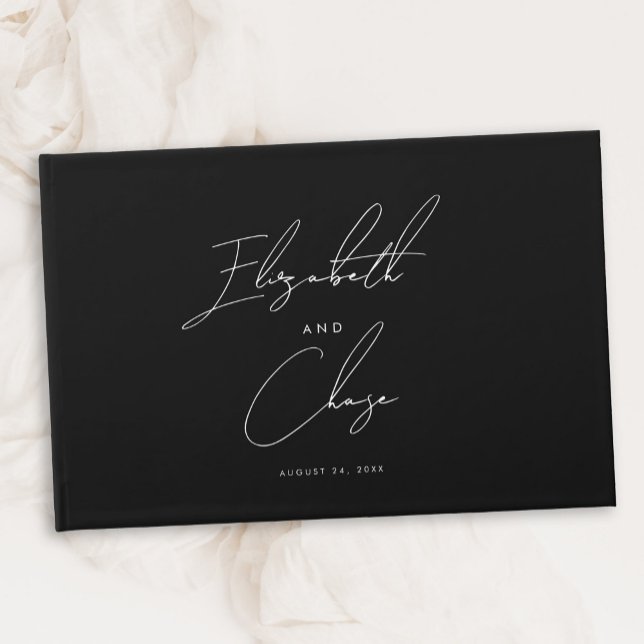 Black Modern Calligraphy Stylish Names Wedding Guest Book (Creator Uploaded)