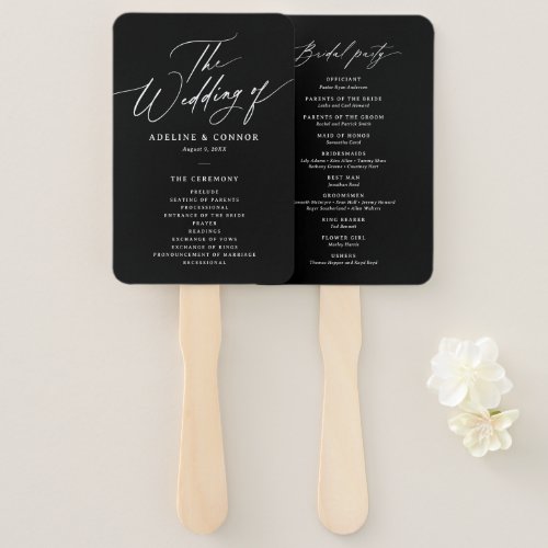 Black Modern Calligraphy Wedding Program Hand Fan