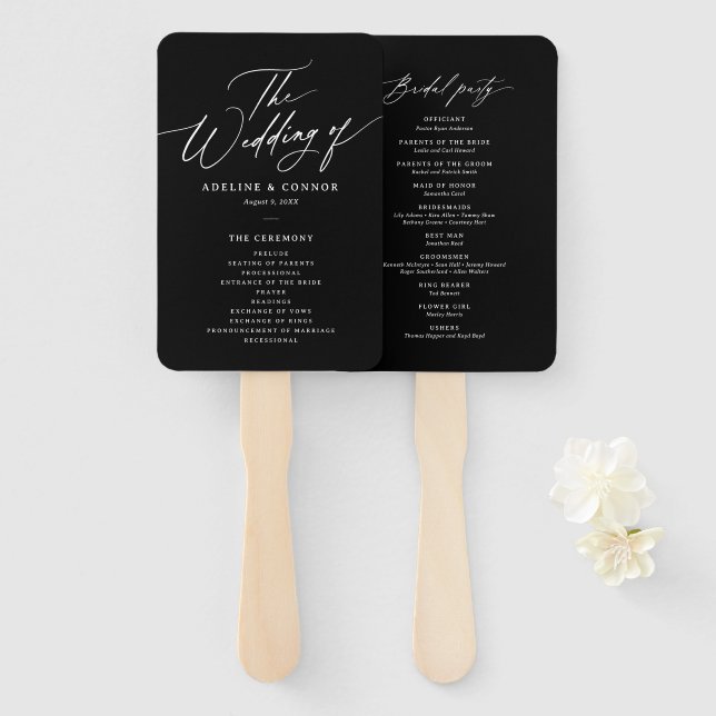 Black Modern Calligraphy Wedding Program Hand Fan (Front and Back)