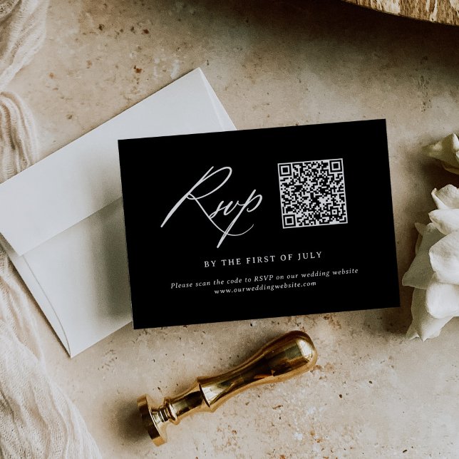 Black Modern Calligraphy Wedding QR code RSVP Card (Creator Uploaded)