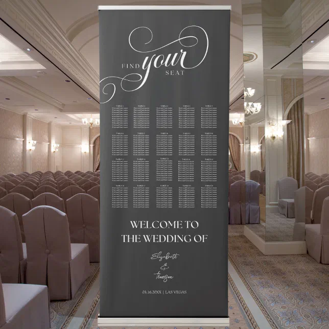 Black Modern Calligraphy Wedding Seating Chart Retractable Banner | Zazzle