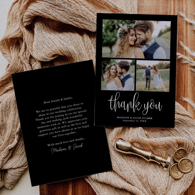 Black Modern Calligraphy Wedding Three Photo Thank You Card (Creator Uploaded)