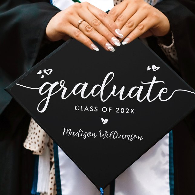 Black Modern Chic Elegant Script Hearts Name Class Graduation Cap Topper (Creator Uploaded)