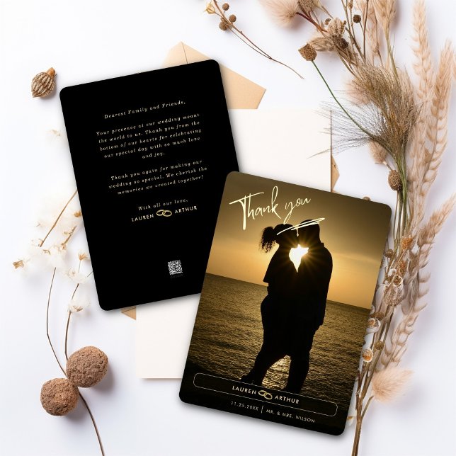 Black Modern Chic Minimal Photo Wedding Thank you Foil Invitation (Creator Uploaded)
