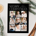 Black Modern Christmas 9 Photo Collage Holiday Card<br><div class="desc">Modern Christmas photo card featuring "Merry Christmas" displayed at the top of the design in trendy white lettering with a black background. A photo collage of 9 photos is shown below in a grid-style layout. Personalize the multi-photo Christmas card with your family name. The card reverses to display a black...</div>