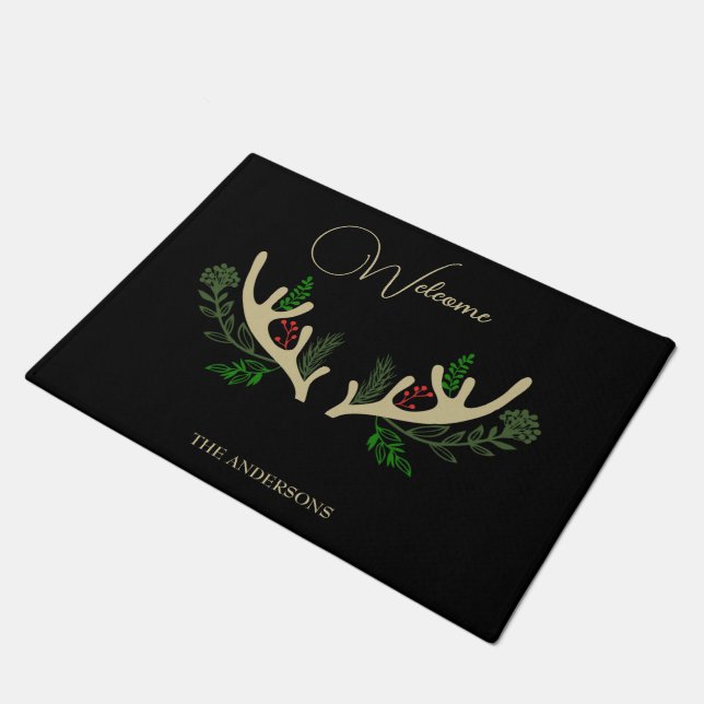 Black Modern Christmas Elegant reindeers Welcome  Doormat (Angled)