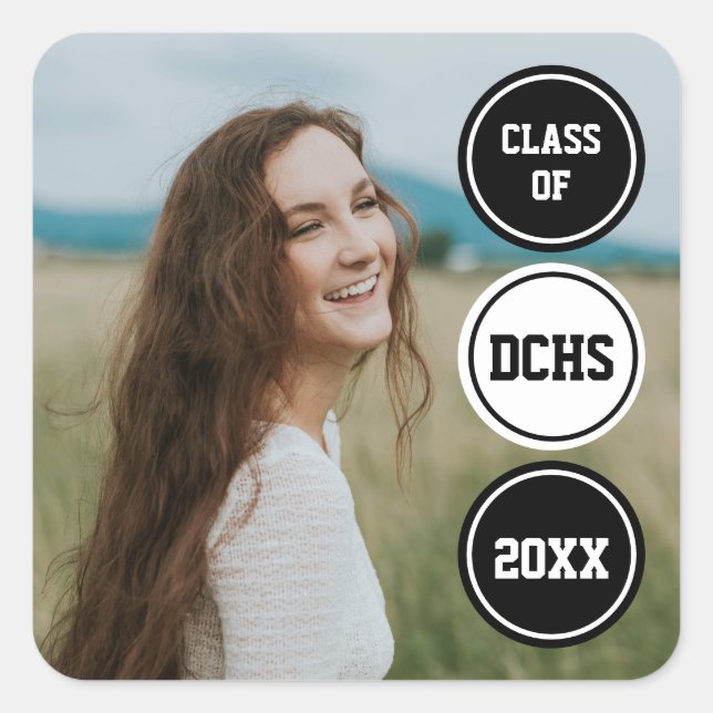 Black Modern Circles Photo Graduation Square Sticker (Front)