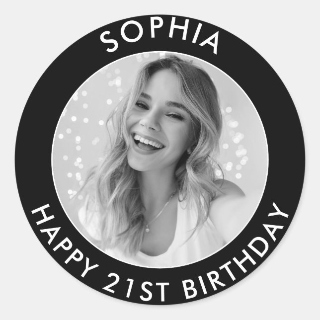 Black Modern Classic Happy 21st Birthday Photo Classic Round Sticker (Front)