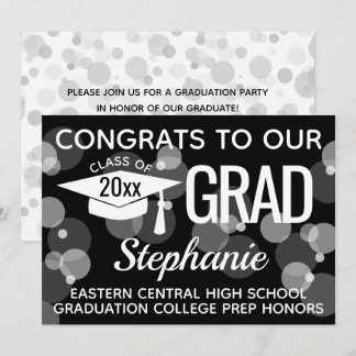 Black Modern Confetti Bokeh Bubbles Graduation Invitation