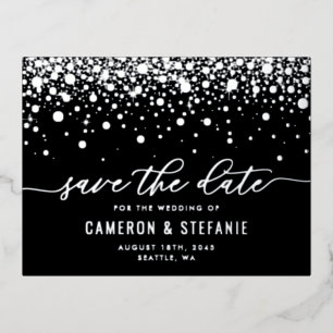 Black Modern Confetti Silver Foil Save the Date Foil Invitation Postcard