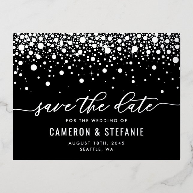 Black Modern Confetti Silver Foil Save the Date Invitation Postcard (Front)