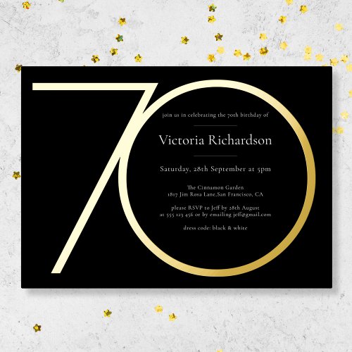 Black Modern Custom Minimalist 70th Birthday Gold  Foil Invitation